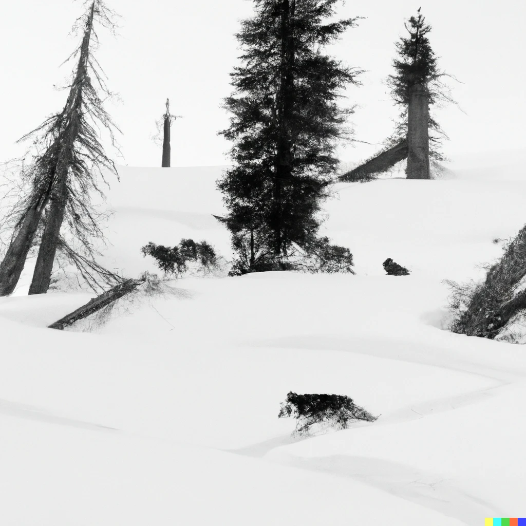 Prompt: A black and white husky wolf leading a pack of other wolves down a treacherous snowy mountain range. old trees throughout range