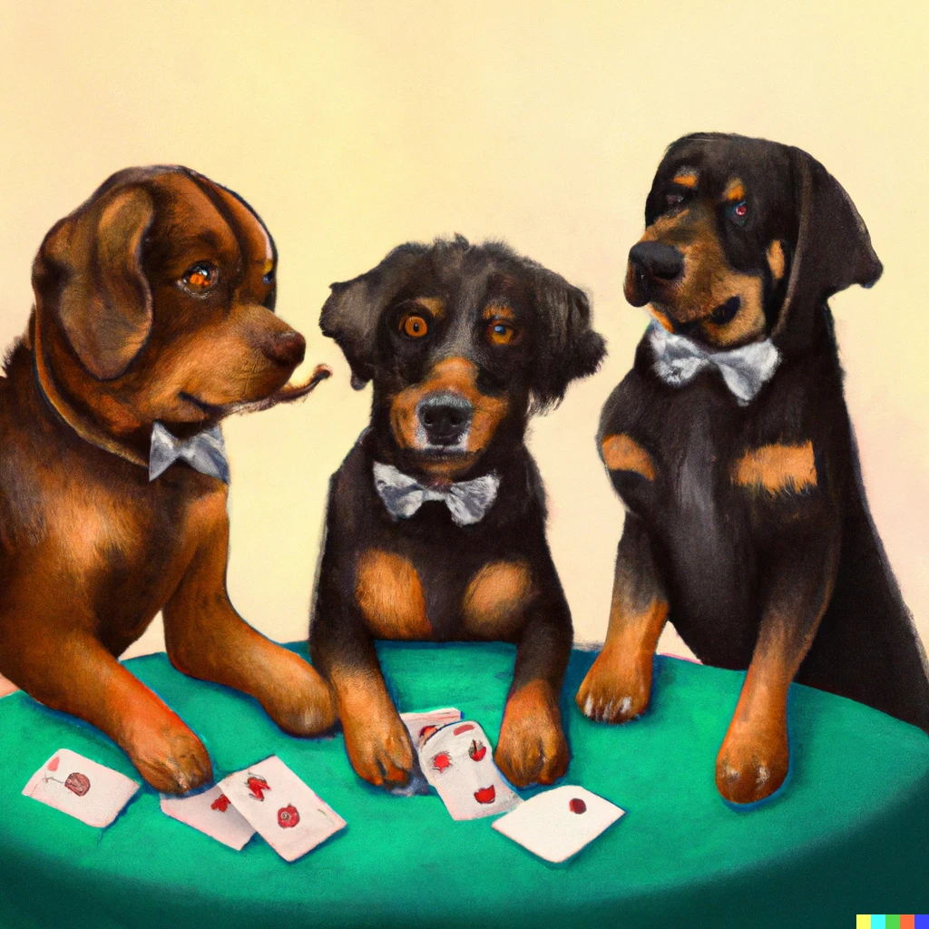 Prompt: classical dogs playing poker.