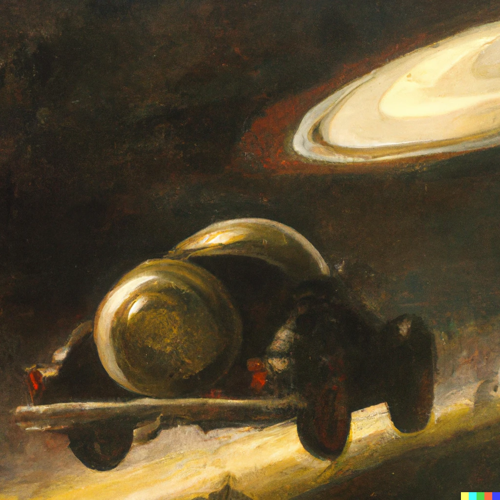 Prompt: A Rembrandt oil painting of a La Voiture Noir speeding along the rings of Saturn