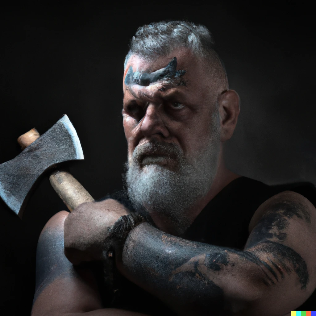 Prompt: an award-winning portrait of a half-orc barbarian with gray hair and a tatoo on his left arm wielding a large axe