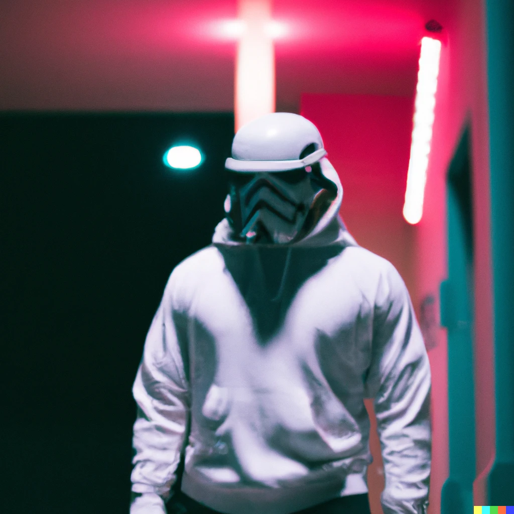 Prompt: Telephoto lens photo of a hooded stormtrooper leaving the gym at night, neon lighting, expired 35mm film