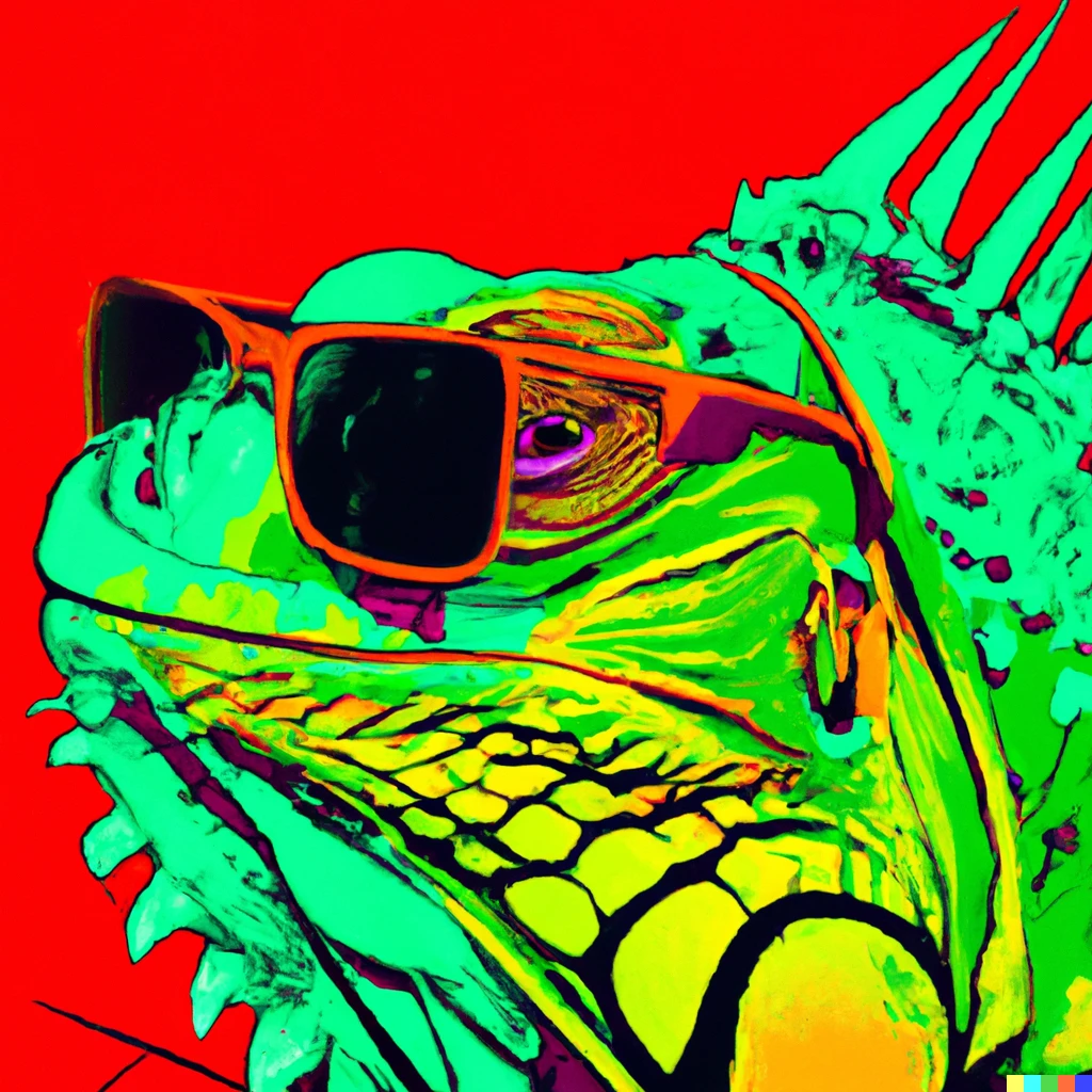 Prompt: An abstract iguana with glasses smiling, pop art