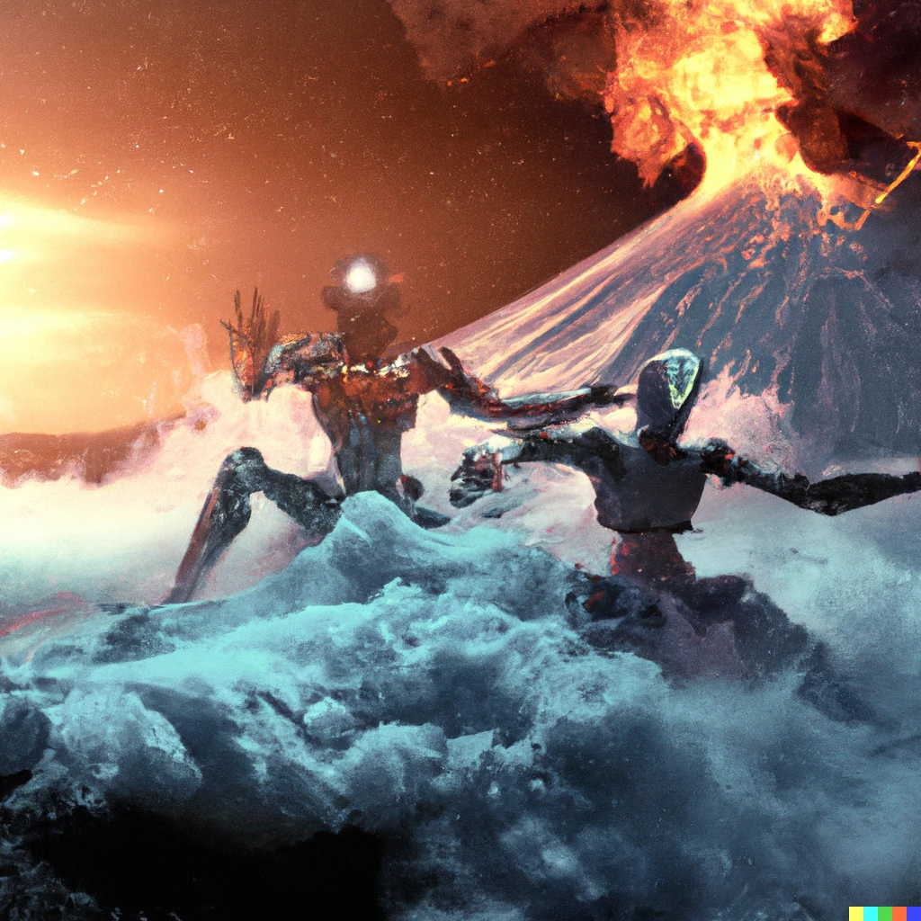 Prompt: cyborgs surfing on the top of the fire tsunami generated by volcano explosion, realistic photo