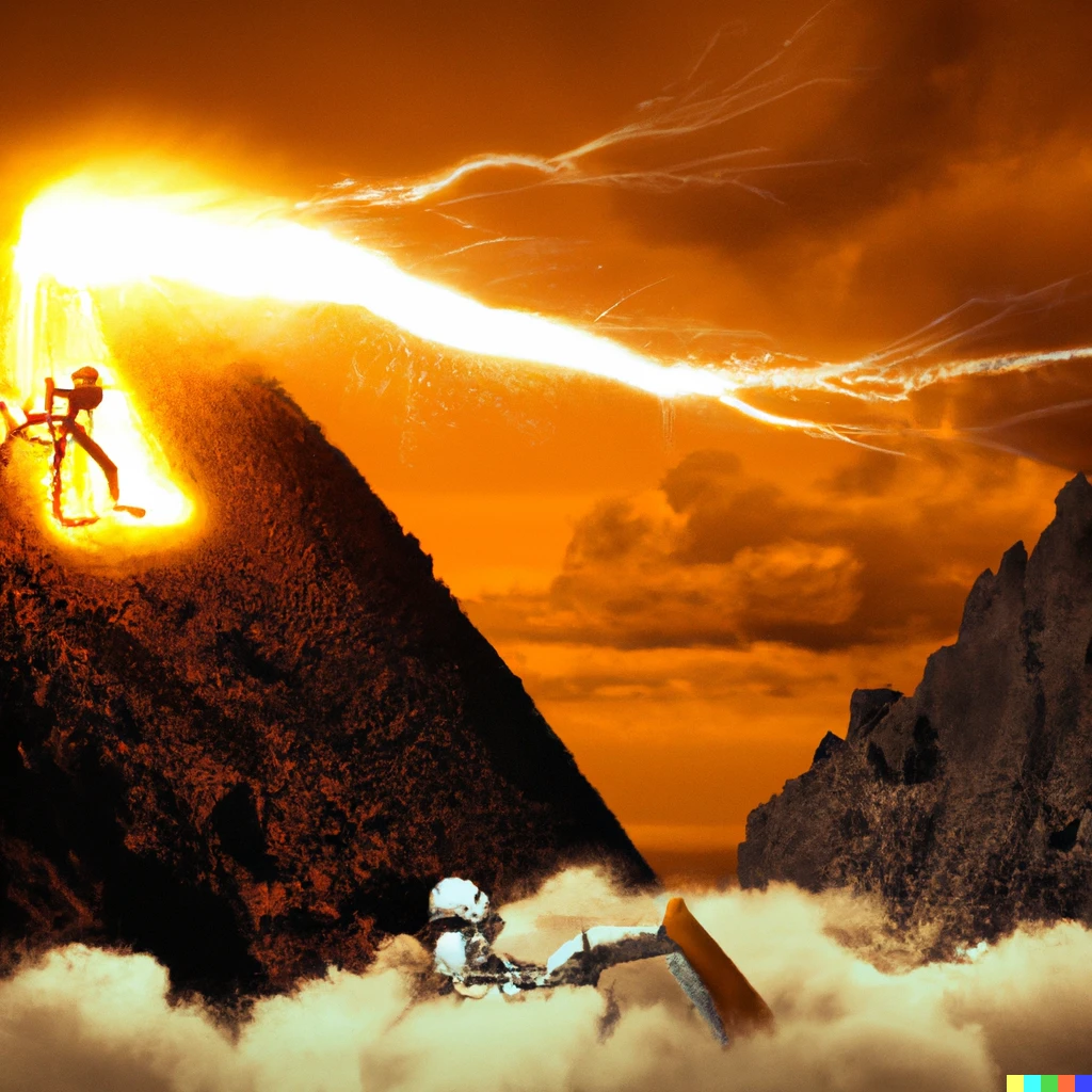 Prompt: cyborgs surfing on the top of the fire tsunami generated by volcano explosion, realistic photo