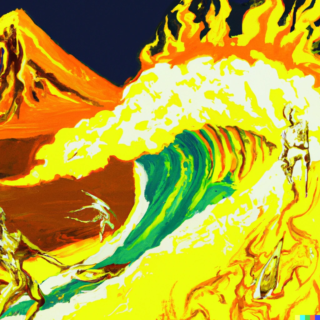 Prompt: cyborgs surfing on the top of the fire tsunami generated by volcano explosion, abstract painting in style of Salvador Dalí