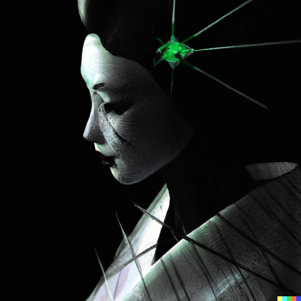 Prompt: geisha cyborg, matte painting, cinematic lighting, in the style of ghost in the shell, kintsugi, modern fine art, fractal, Futuristic, Low Poly