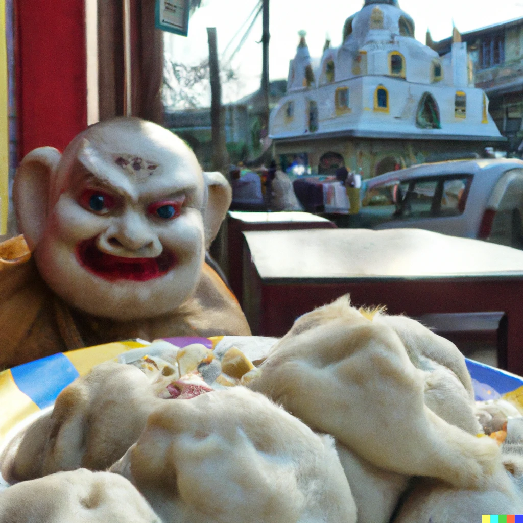 Prompt: A Yeti gulping momos in a roadside cafe next to a temple in kathmandu
