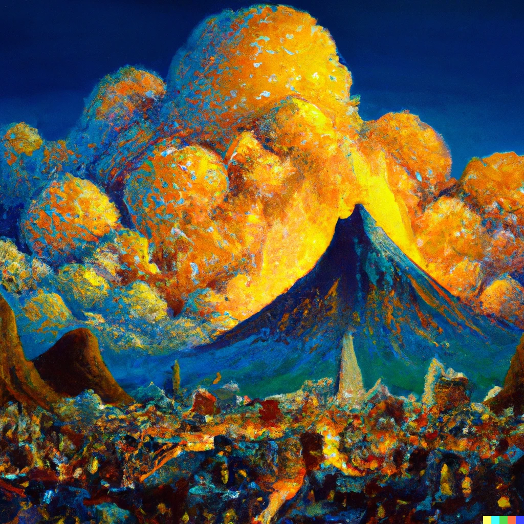 Prompt: A volcano erupting butter in the middle of a vibrant, crowded city made of popcorn buildings, painted by Eugene von Guerard 