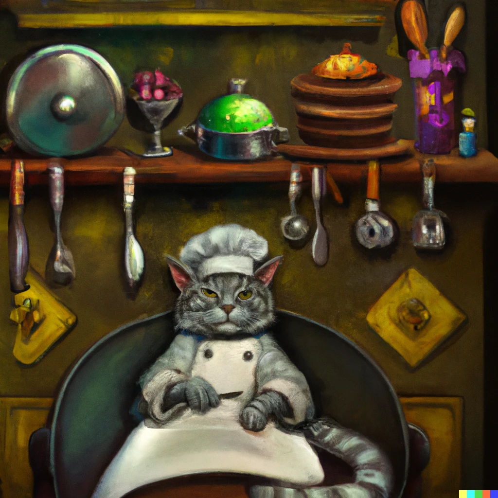 Prompt: A hyper detailed renaissance painting of a chef grey cat 