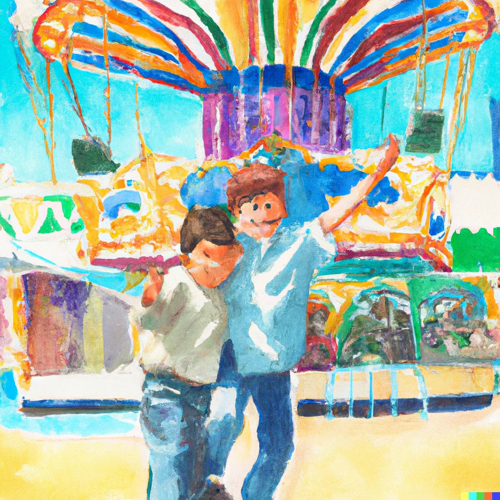 Prompt: Watercolor painting of two brothers happily playing in an amusement park