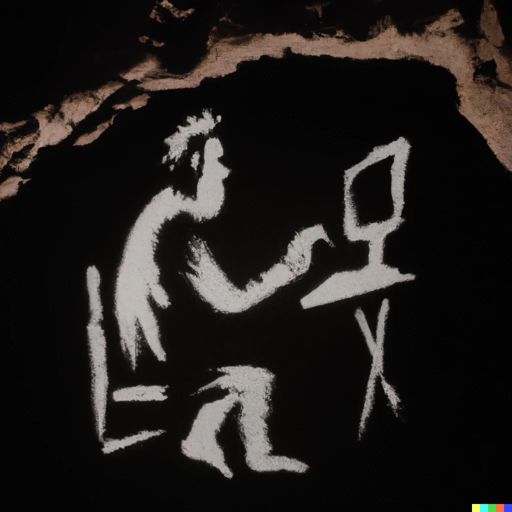 Prompt: A cave painting of a gamer playing on a computer.