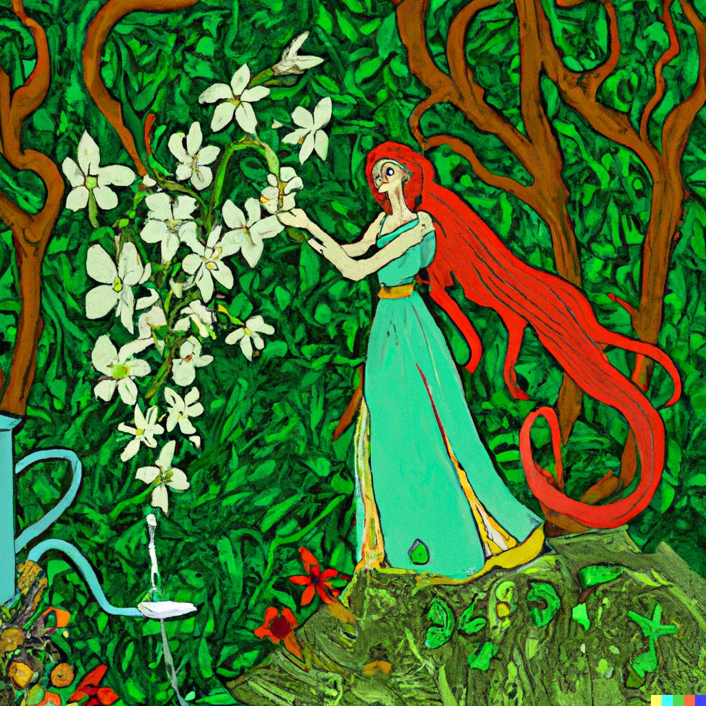 Prompt: A tangle of green vines and trees where a fairy sits watering flowers