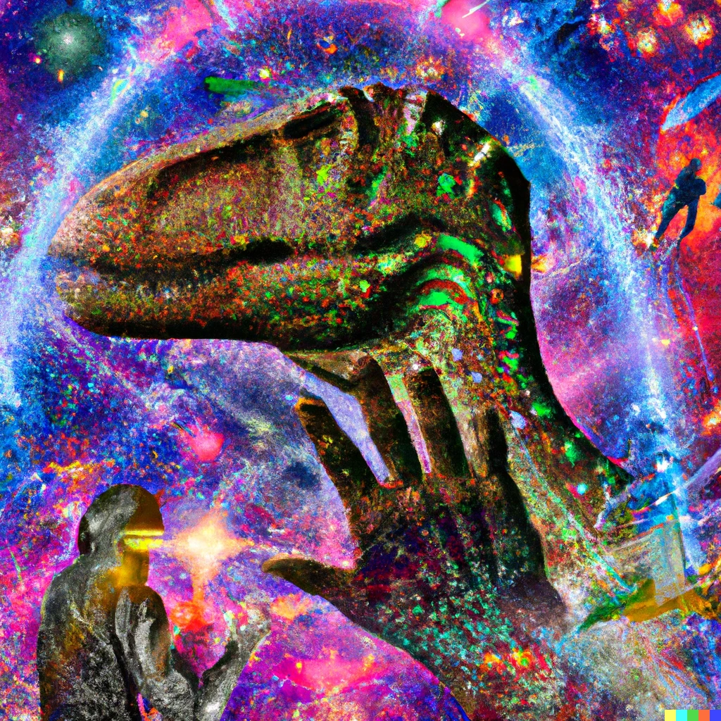 Prompt: Human dinosaur hybrid holding a intricate and complex colorful metasurface projecting a detailed hologram of a miniature warp drive, surrounded by giant biblical  living creatures who are adorned with supernova crowns.  Beams of laser light extend from their crowns into a illuminated Tetragrammaton, the Tetragrammaton is being held by a large human hand that is forcefully appearing through dense clouds that are filled with lighting, music notes pervade the clouds at a respectable distance, flash camera photograph