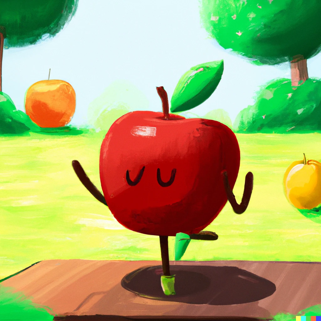 Prompt: a cute apple breakdancing in a park with fruits cheering him on. trending on artstation
