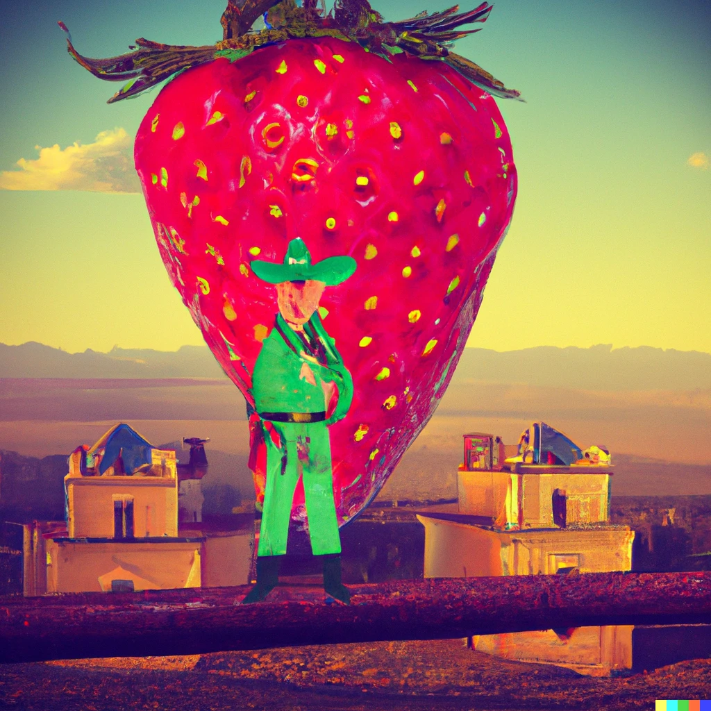 Prompt: a strawberry sheriff proudly protecting a western city. pixar style, artstation,