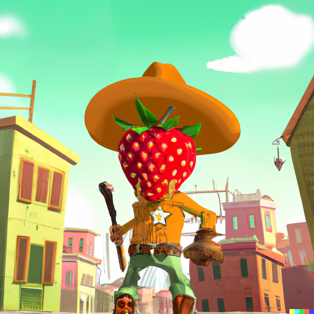 Prompt: a strawberry sheriff protecting a western city. pixar style, artstation