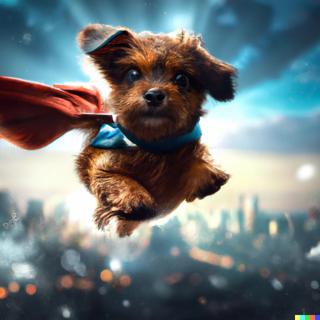 Prompt: A super hero dog flying over the city with a cape.. Very very very very very very very beautiful digital art. Movie poster . Trending on artstation. Backlit fur, bokeh, cinematic lighting 