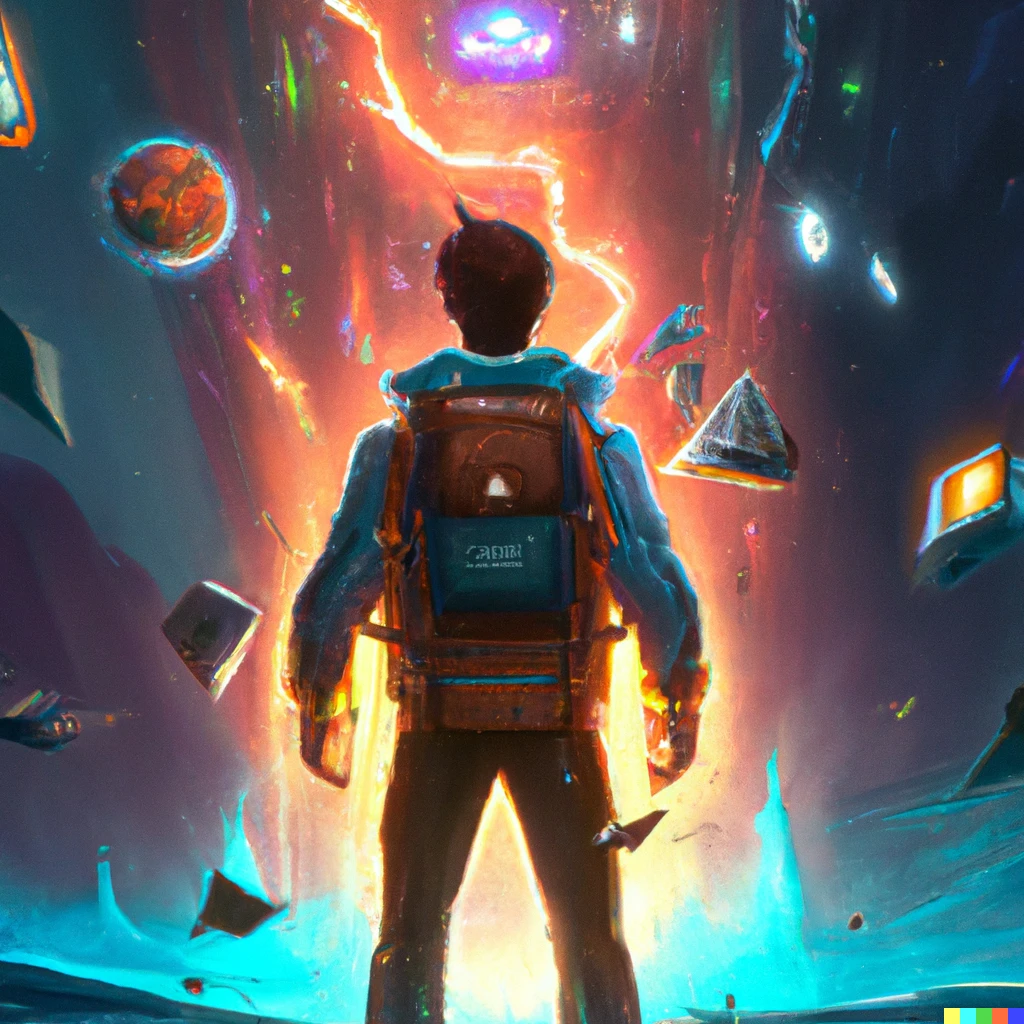 Prompt: The video game character is carrying a backpack with supplies for his journey. As he steps through the portal, he is surrounded by a bright light. When the light fades, he finds himself in an interdimensional galaxy. There are stars and planets all around him, and coins. digital art trending on artstation, very very very very beautiful, by beeple