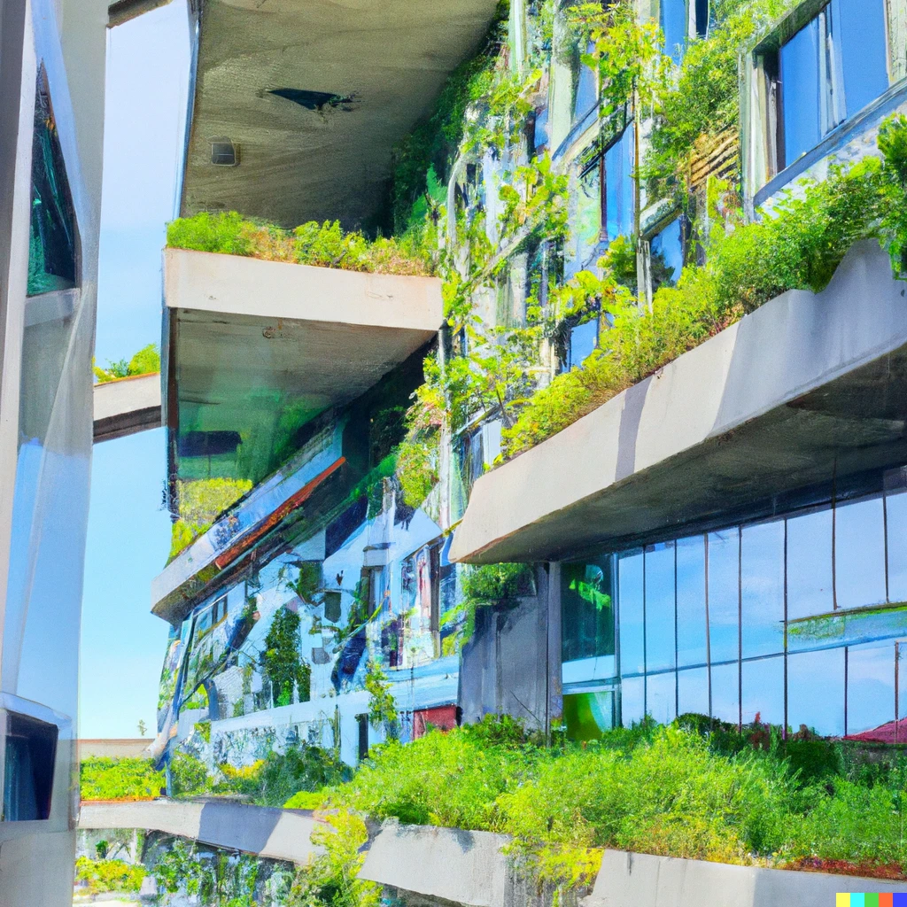 Prompt: A modern paradise overflowing with hanging gardens designed by Bjarke Ingels