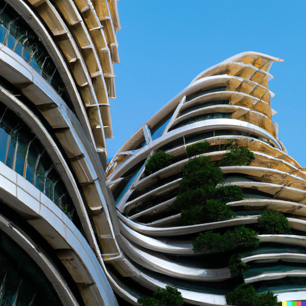Prompt: A modern paradise overflowing with hanging gardens designed by Zaha Hadid