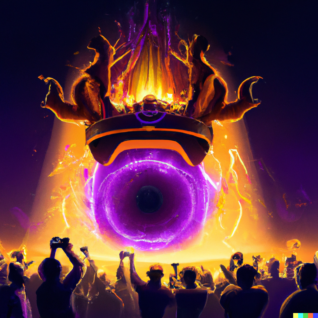 Dall·e 2 A Vr Oculus Being Worshipped By A Crowd Flames Forms A Halo