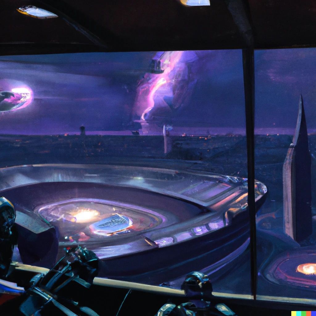 Prompt: Watching outside a window from the 22nd floor of a big city at night looking at a big arena where rocket powered cars are playing a battle, futuristic scene painted by Vincent di Fate, classical architecture in space by Peter Elson