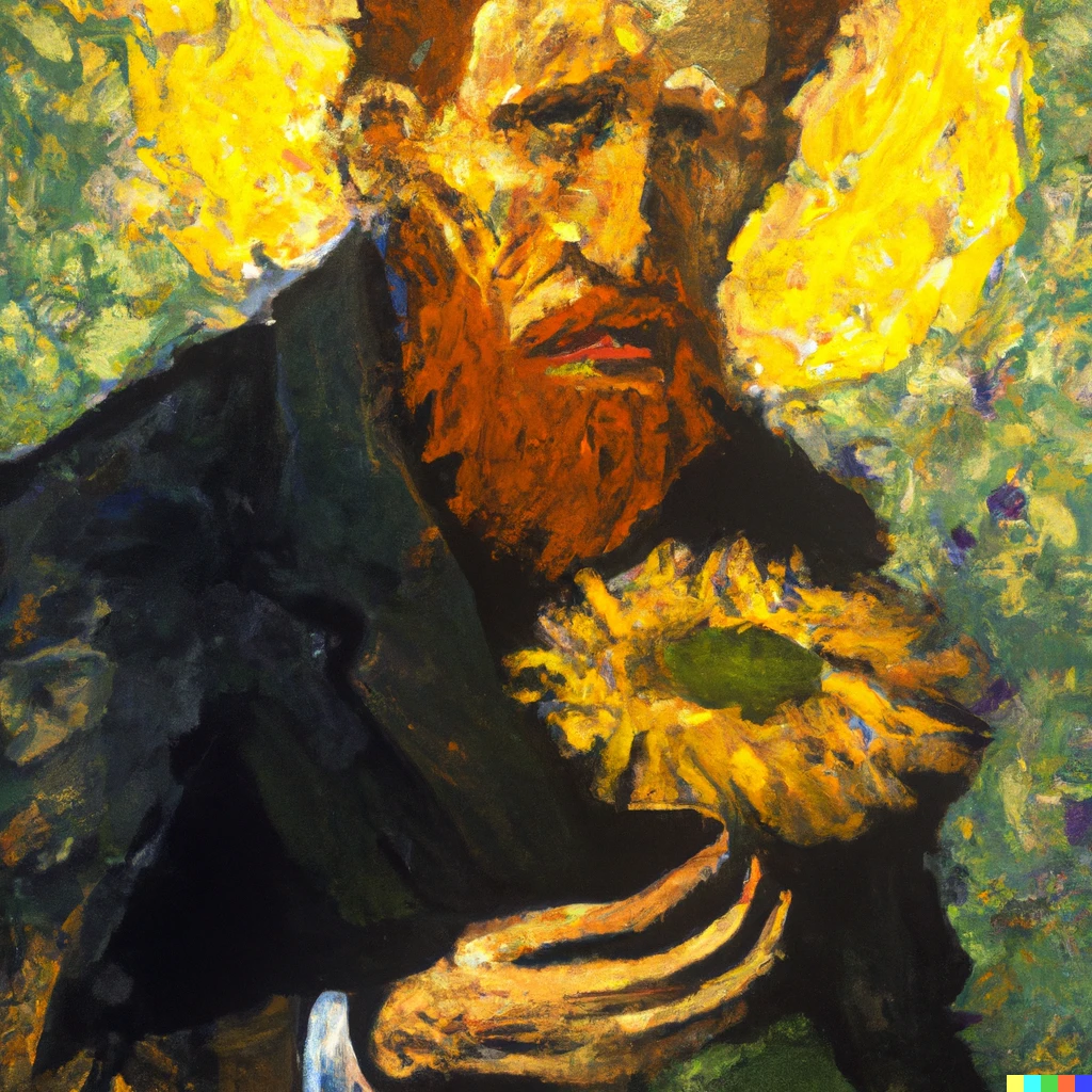 Prompt: An impressionist painting of Vincent van gogh holding a sunflower 