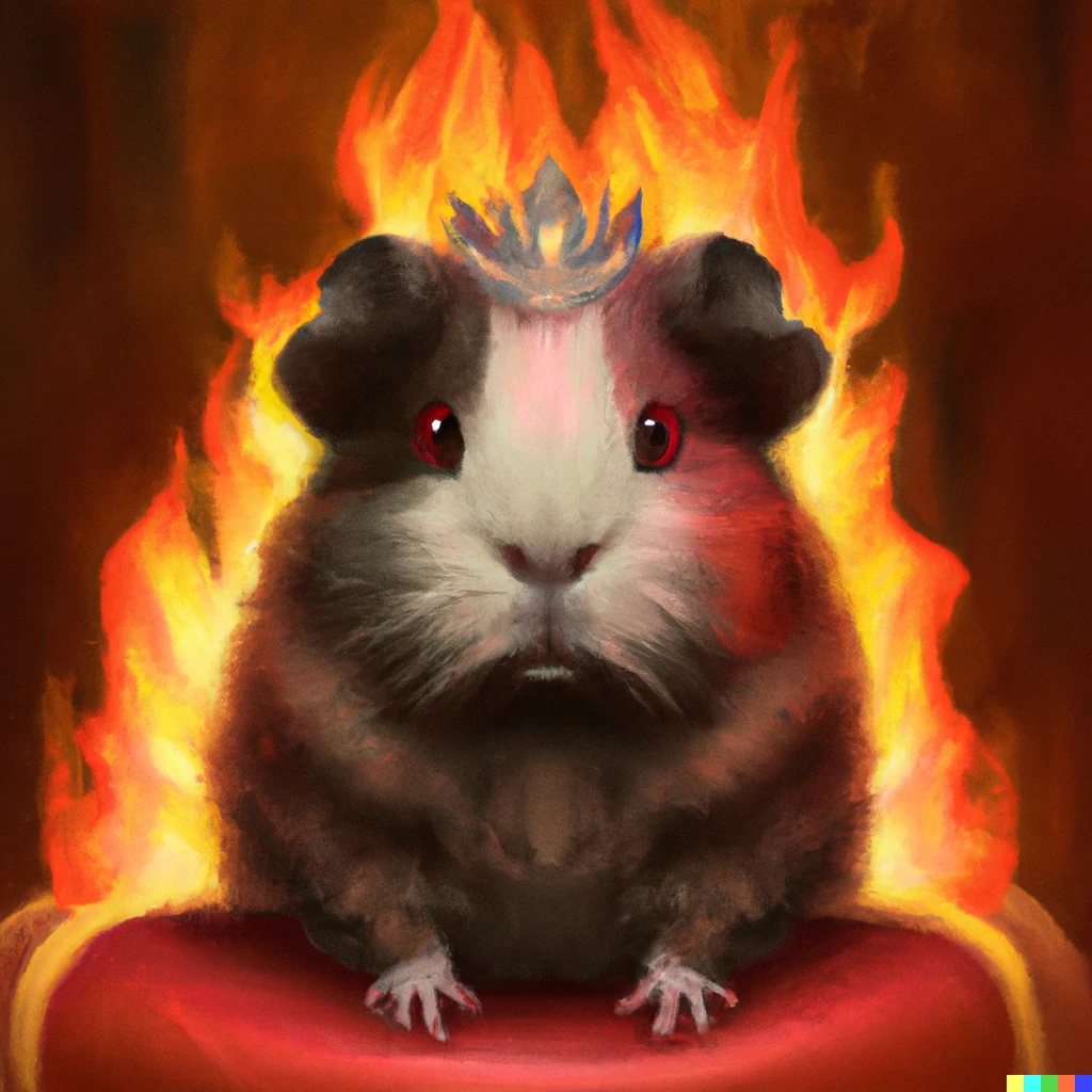 Prompt: Digital art of a guinea pig with grey fur and pink eyes sitting on a throne of fire