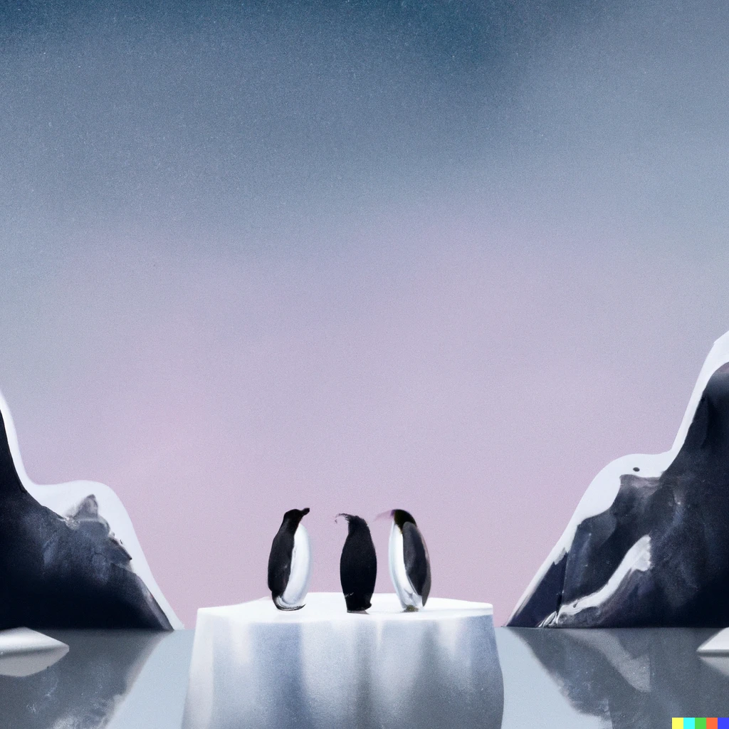 Prompt: frozen mountains with penguins chatting digital art