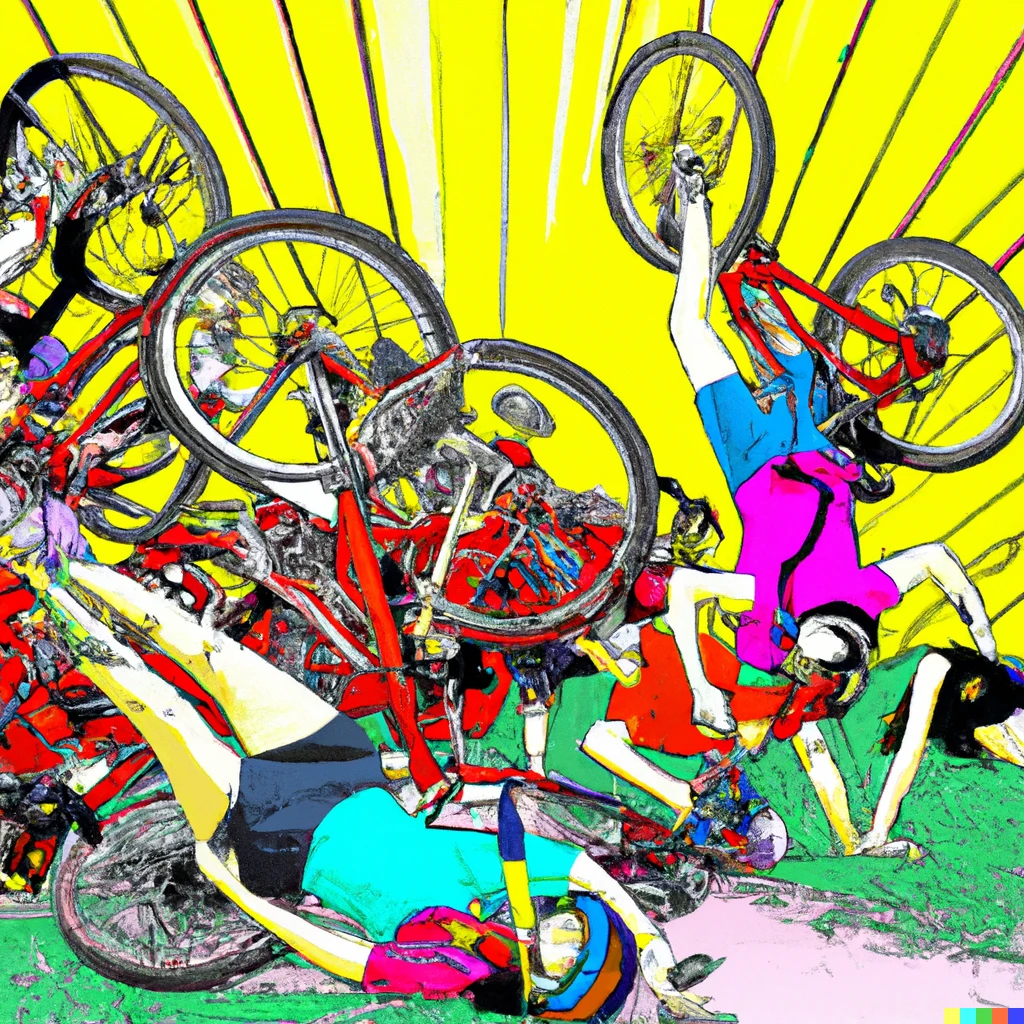 Prompt: 15 women bicycle riders crashed, pop art style