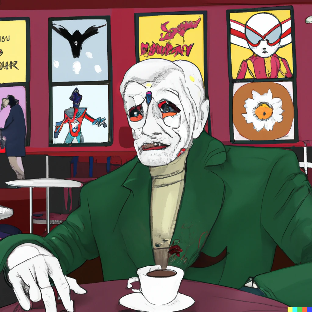 Prompt: Stan Lee as the Joker in a dystopian cafe