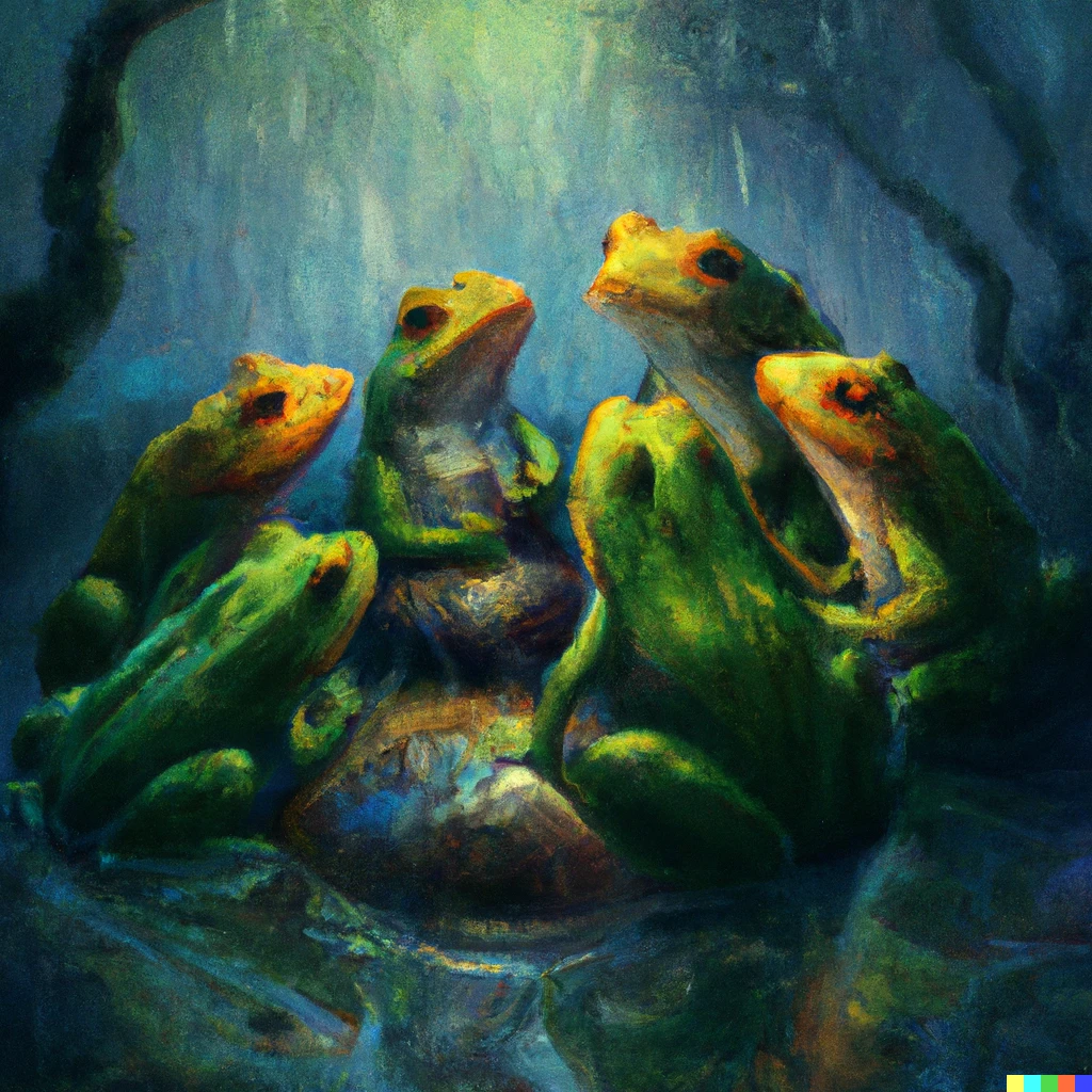 Prompt: The Rainfrog council, digital art, beautiful painting by Van Gogh