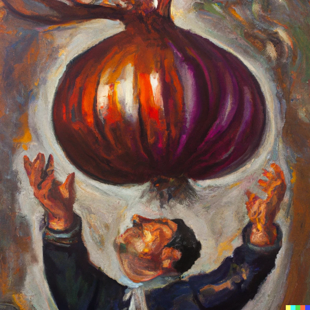 Prompt: An oil painting of a man worshiping a giant onion