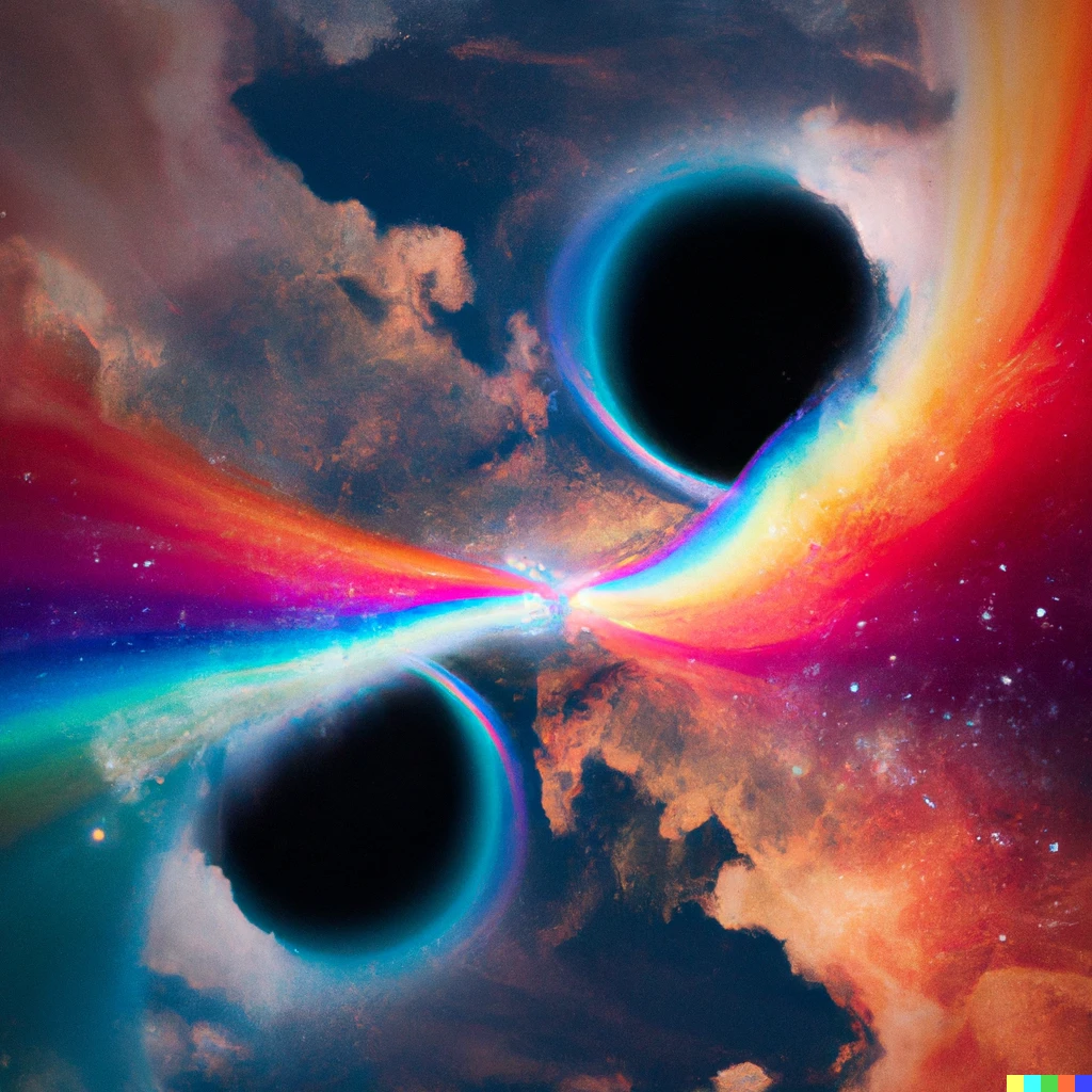 Prompt: The love between two black holes forming a sunset exploding rainbows and nebulas, wide angle camera shot.