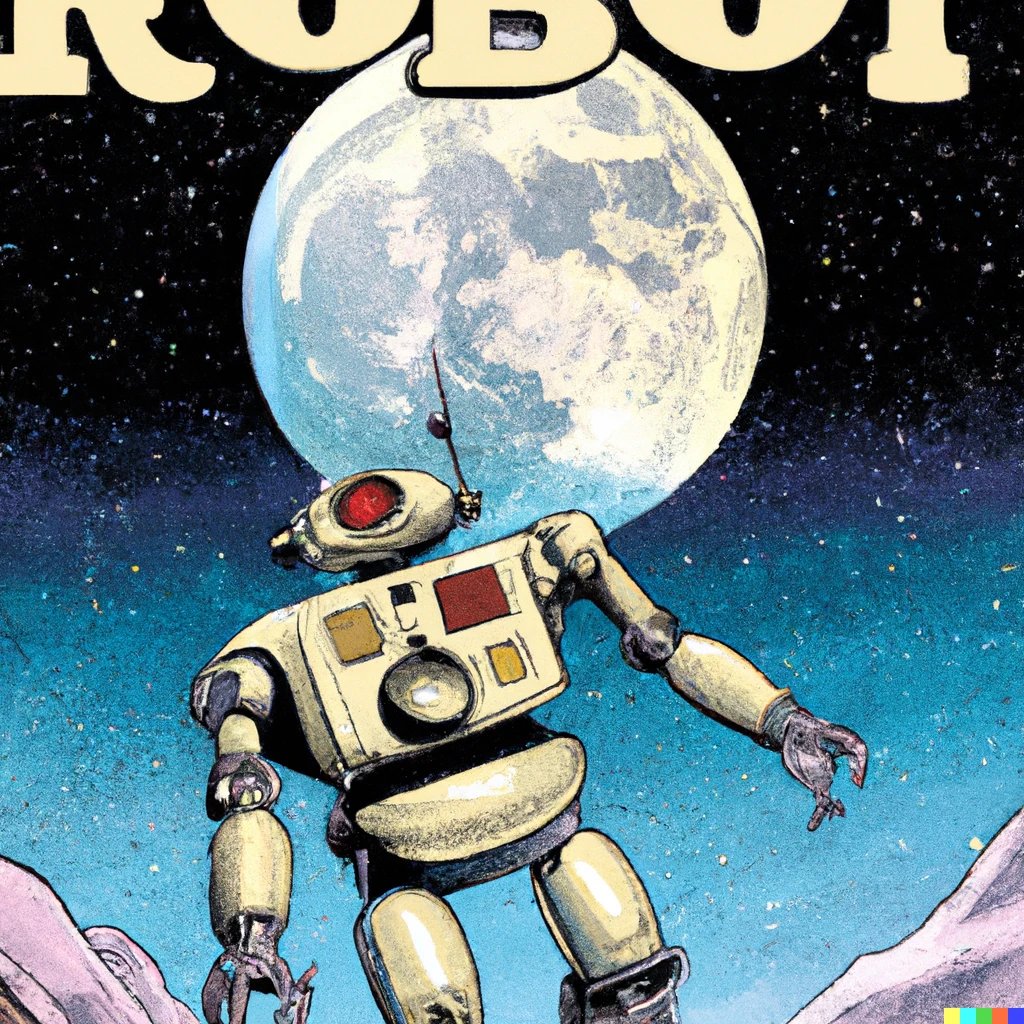 Prompt: comic book cover of a robot on the moon