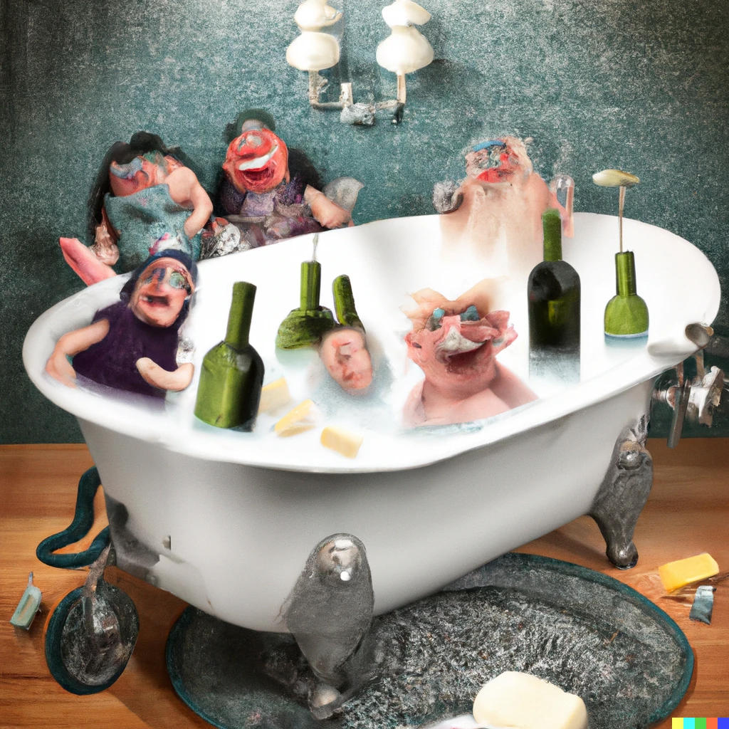 Prompt: A rolltop bathtub full of well dressed trolls having a cheese and wine party