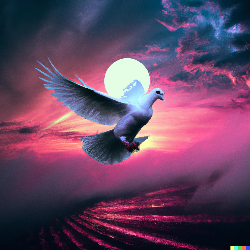 Prompt: A photorealistic white dove flying in front of a synthwave sunset 