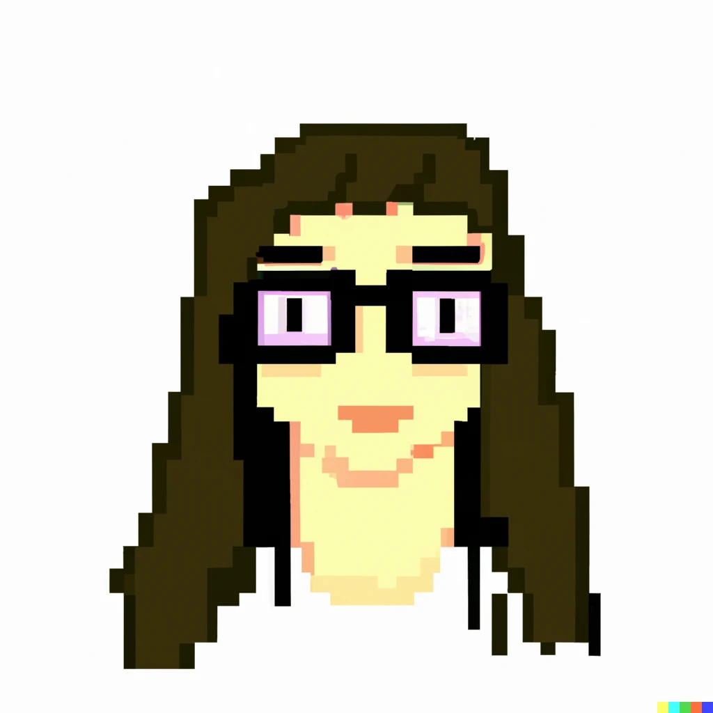 Prompt: White woman with glasses and long hair in pixel art