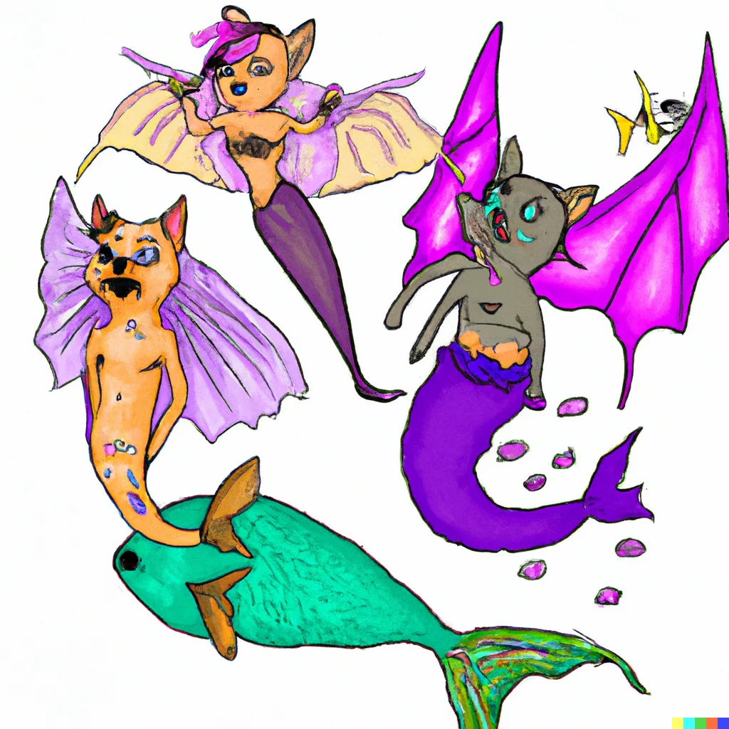 Prompt: cat dog butterfly bat with a mermaid tale