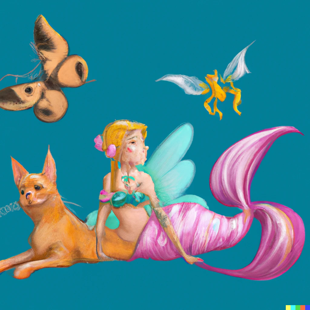 Prompt: cat dog butterfly bat with a mermaid tale