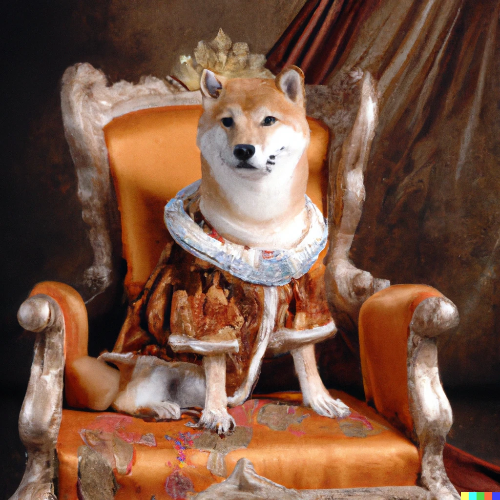 Prompt: renaissance portrait of a shiba inu in regal clothing, sitting on a throne