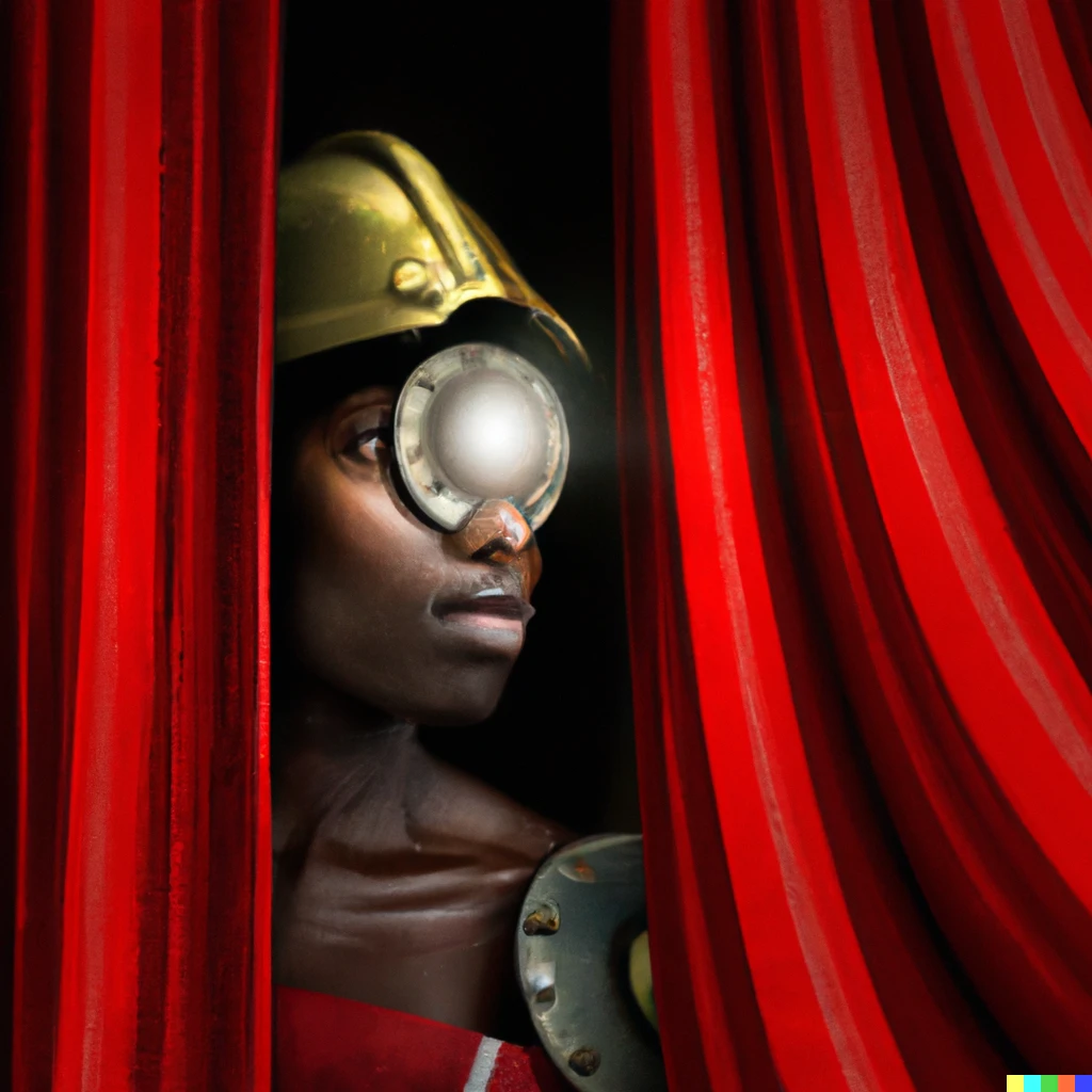 Prompt: portrait of a fantasy soldier with a shield, in front of a red curtain, photorealistic 
