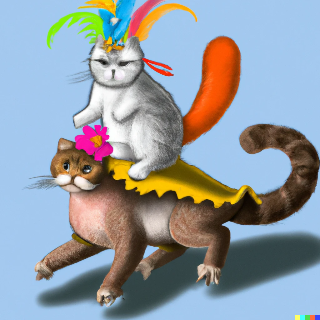 Prompt: a velociraptor with a colorful saddle mounted by a persian cat with a tiara