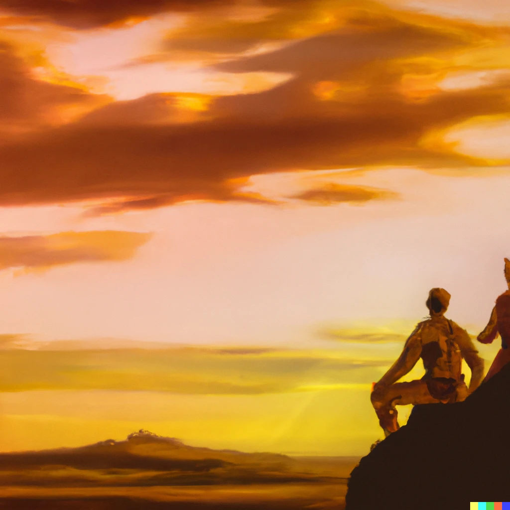 Prompt: two people on top of a hill watching a sunset in the style of a medieval painting