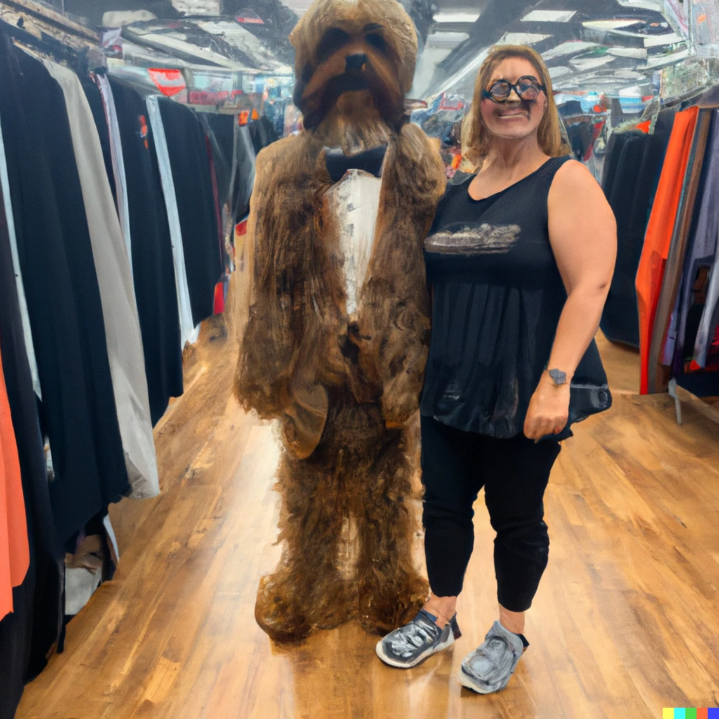 Prompt: chewbacca shopping for a prom tuxedo with his mom