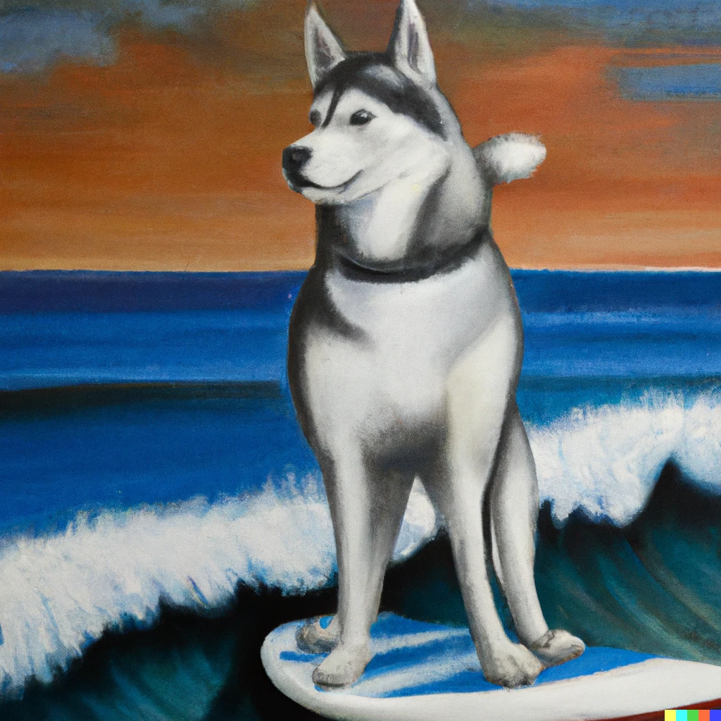 Prompt: a realistic oil painting of a grey husky standing on a  orange board and surfing the waves in Hawaii