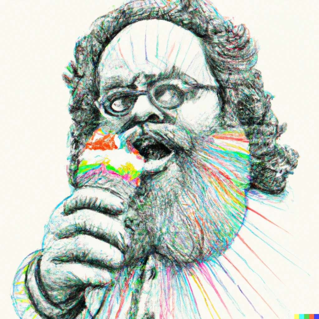Prompt: psychedelic pencil sketch of karl marx eating ice cream