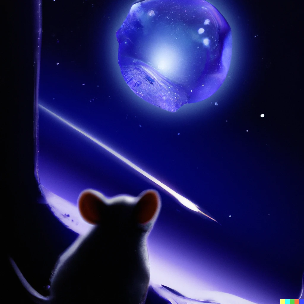 Prompt: a mouse in space. the mouse gazing out of the window as it looks at a passing comment with this iced cosmic glow trailing behind and a mysterious planet in the in background