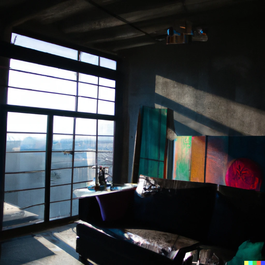 Prompt: Cyberpunk Apartment with sunset light coming through the blinds. Lots of Art on the wall and very bright glass modern living room. very large room 