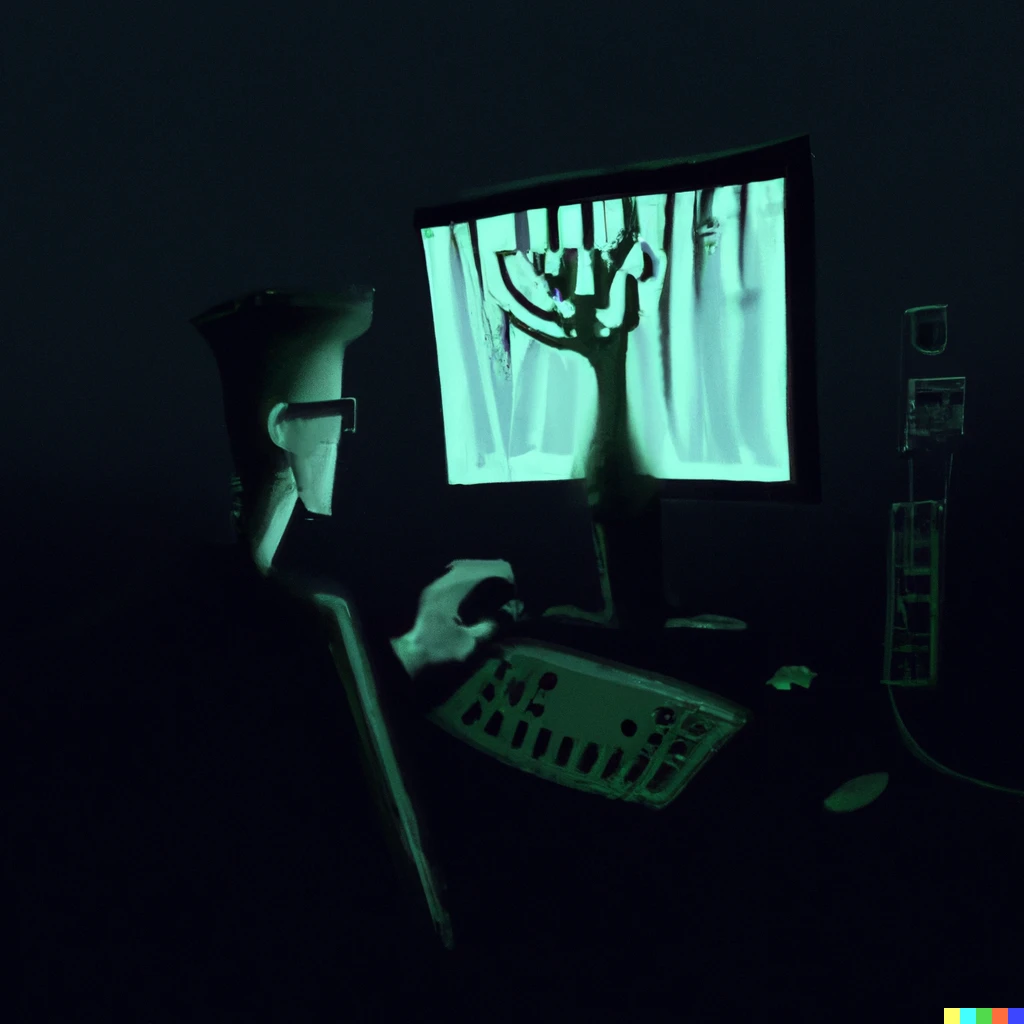 Prompt: A man plugged into a hive mind machine with subtle greens and darks, the machine is drawing art on a monitor that is glowing in the darkness